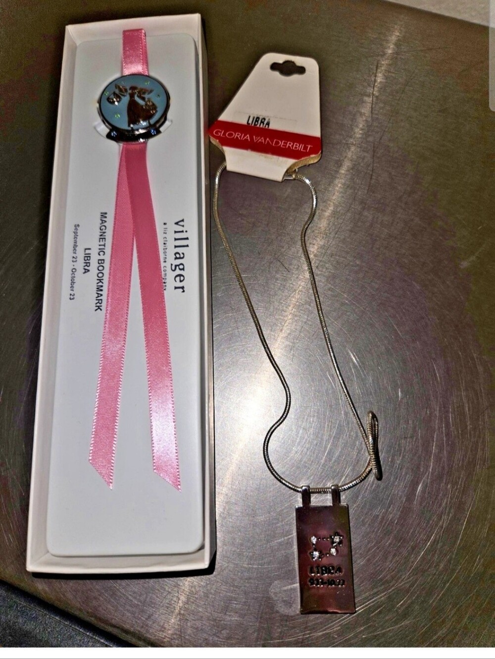NEW GLORIA VANDERBILT LIBRA Necklace & NEW Villager Libra Magnetic Bookmark